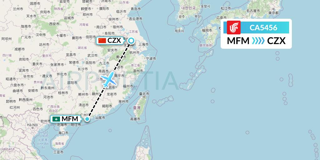 CA5456 Air China Flight Map: Macau to Changzhou