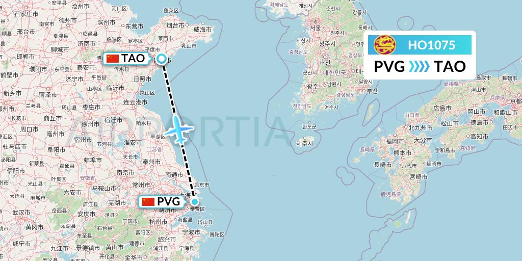 HO1075 Juneyao Airlines Flight Map: Shanghai to Qingdao