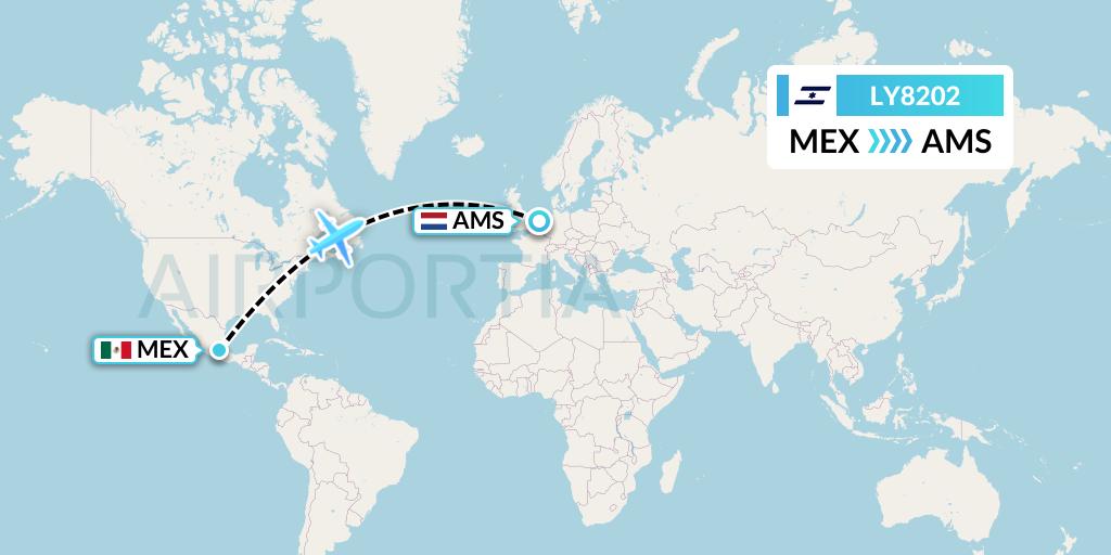 LY8202 El Al Flight Map: Mexico City to Amsterdam