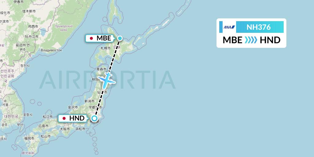 NH376 All Nippon Airways Flight Map: Monbetsu to Tokyo