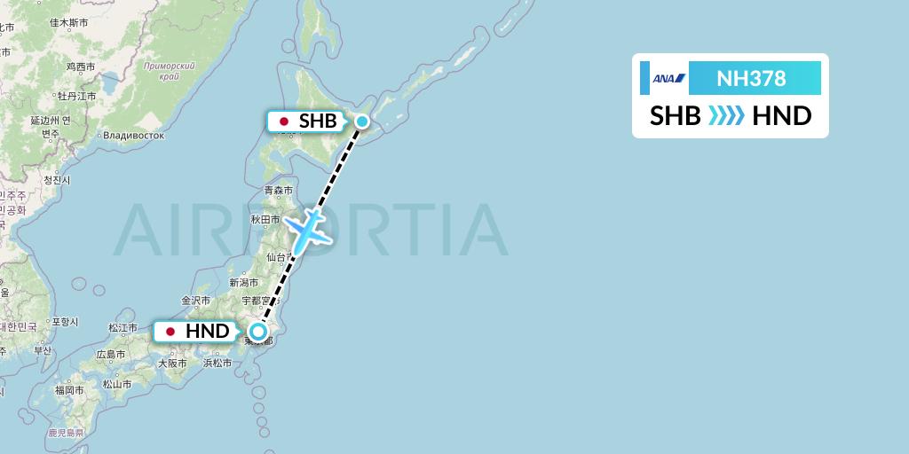 NH378 All Nippon Airways Flight Map: Nakashibetsu to Tokyo