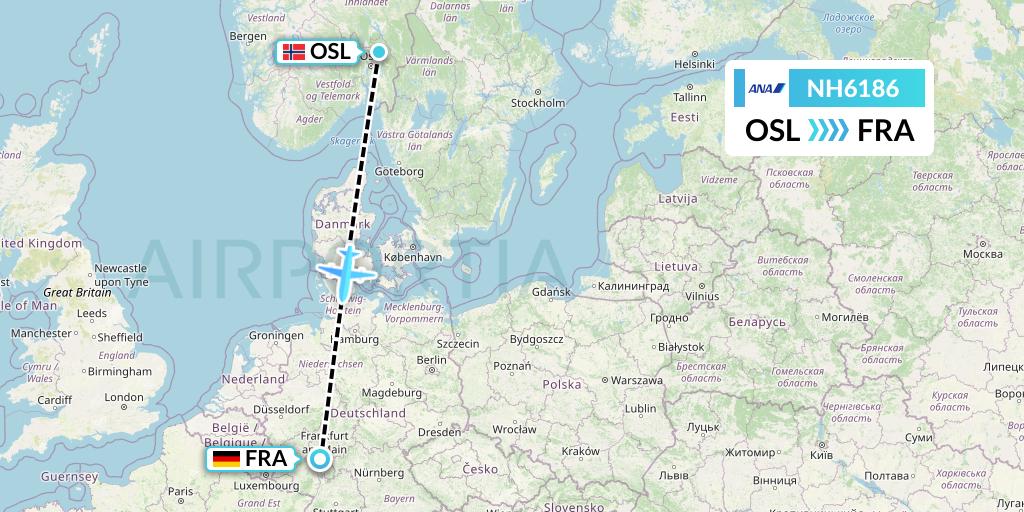 NH6186 All Nippon Airways Flight Map: Oslo to Frankfurt