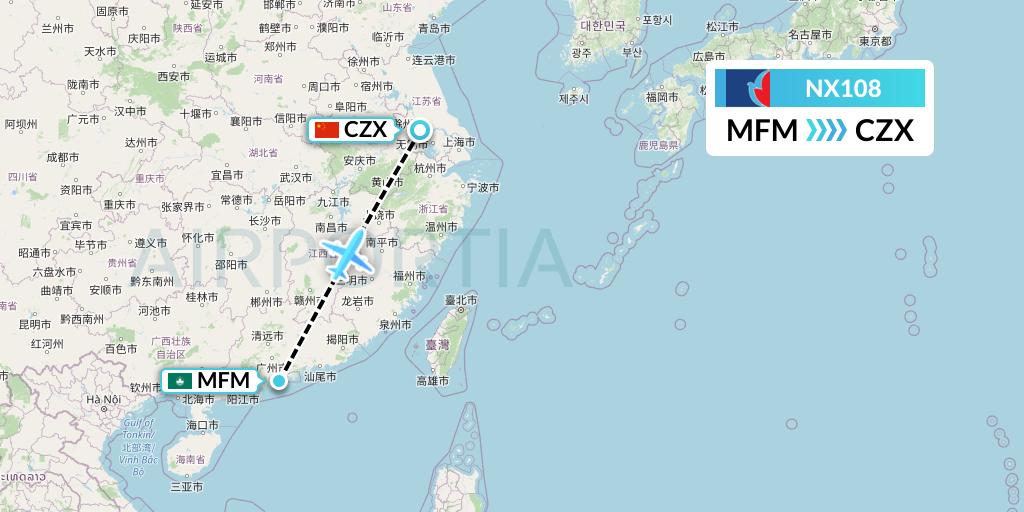 NX108 Air Macau Flight Map: Macau to Changzhou