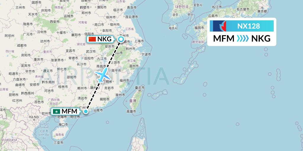 NX128 Air Macau Flight Map: Macau to Nanjing