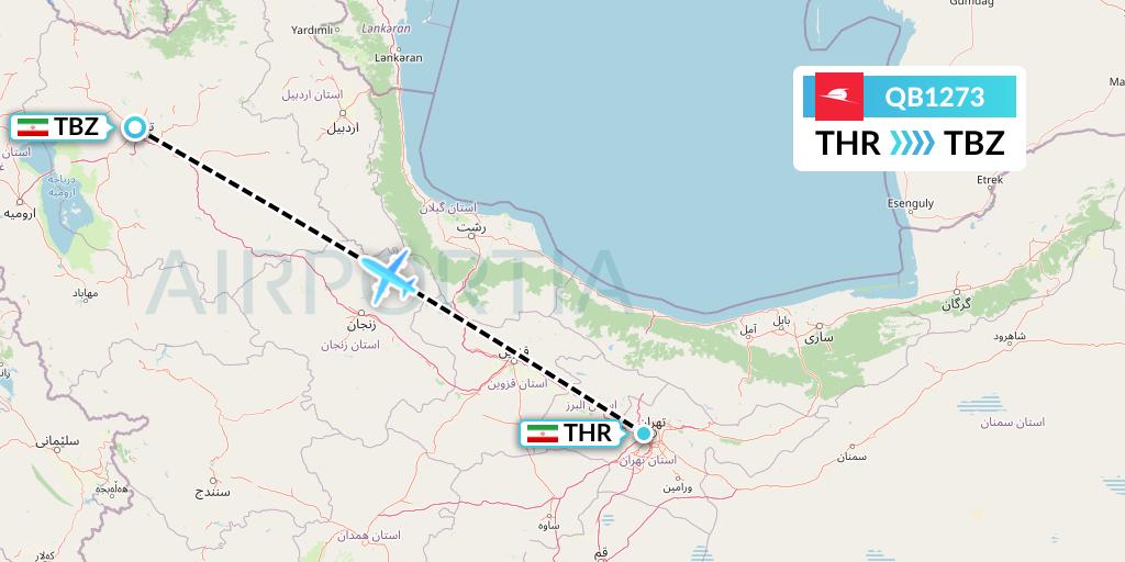 QB1273 Qeshm Airlines Flight Map: Tehran to Tabriz