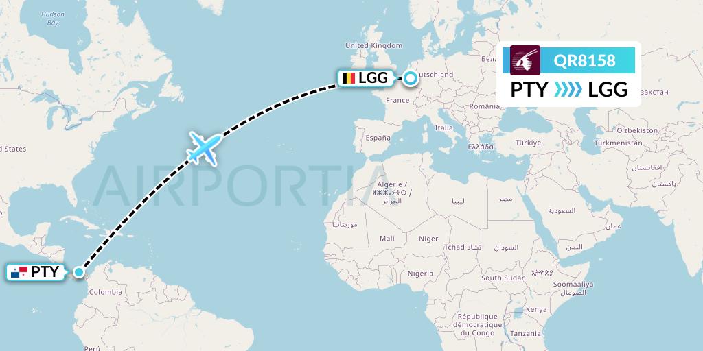 QR8158 Qatar Airways Flight Map: Panama City to Liege