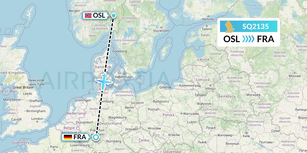 SQ2135 Singapore Airlines Flight Map: Oslo to Frankfurt