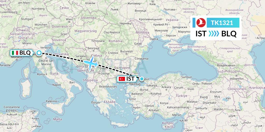TK1321 Turkish Airlines Flight Map: Istanbul to Bologna