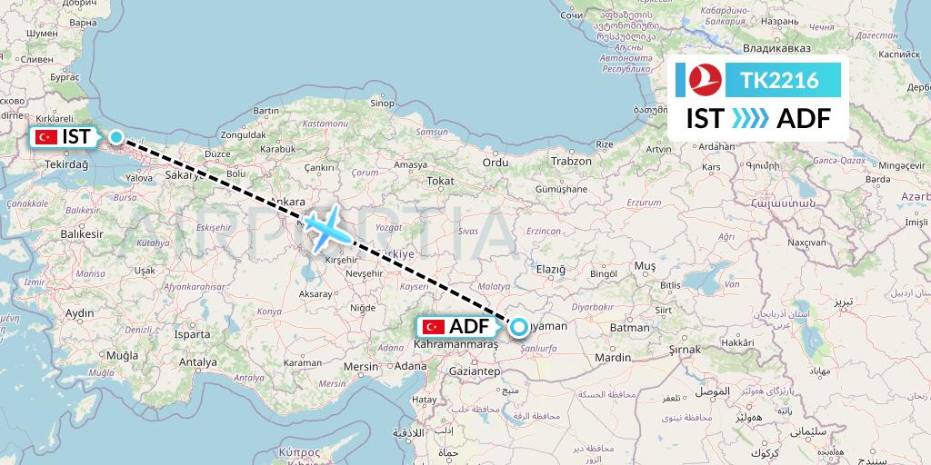 TK2216 Turkish Airlines Flight Map: Istanbul to Adiyaman