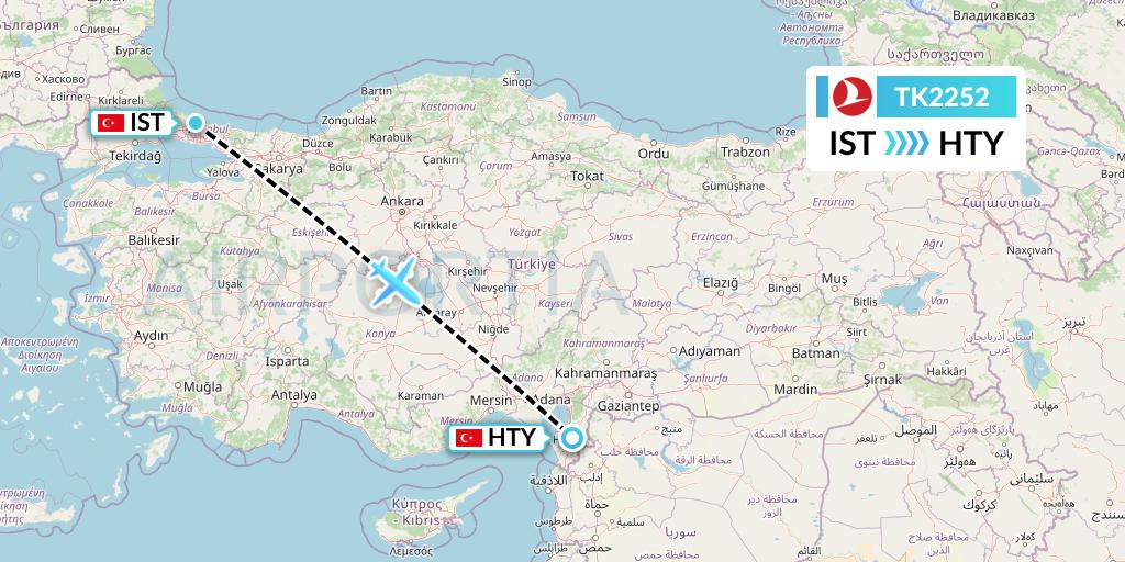 TK2252 Turkish Airlines Flight Map: Istanbul to Antakya