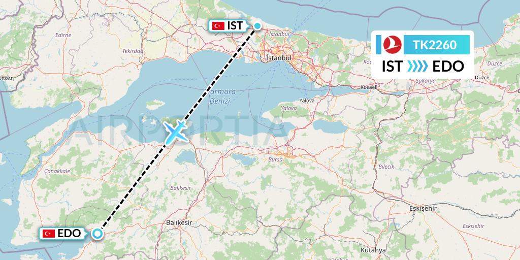 TK2260 Turkish Airlines Flight Map: Istanbul to Edremit