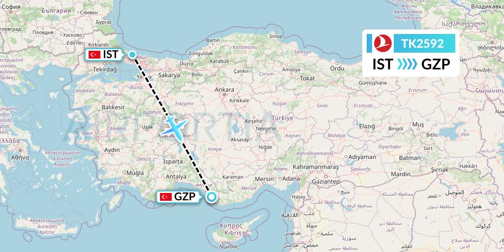 TK2592 Turkish Airlines Flight Map: Istanbul to Gazipasa