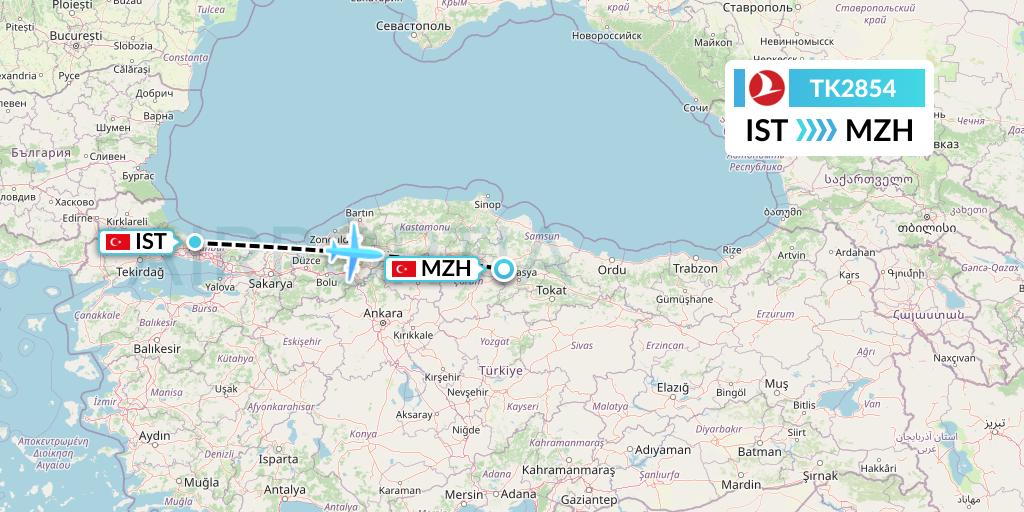 TK2854 Turkish Airlines Flight Map: Istanbul to Merzifon