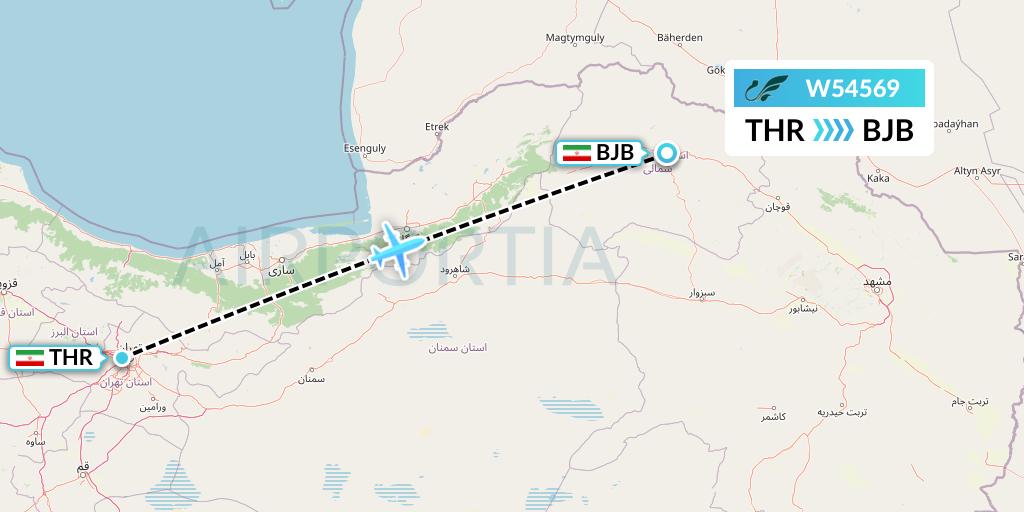 W54569 Mahan Air Flight Map: Tehran to Bojnord
