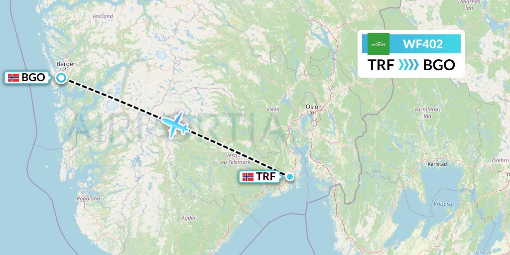WF402 Wideroe Flight Map: Oslo to Bergen