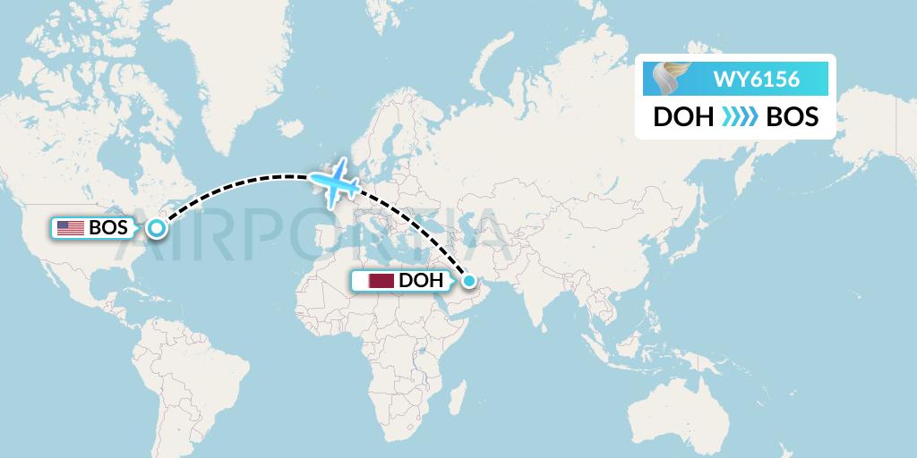 WY6156 Oman Air Flight Map: Doha to Boston