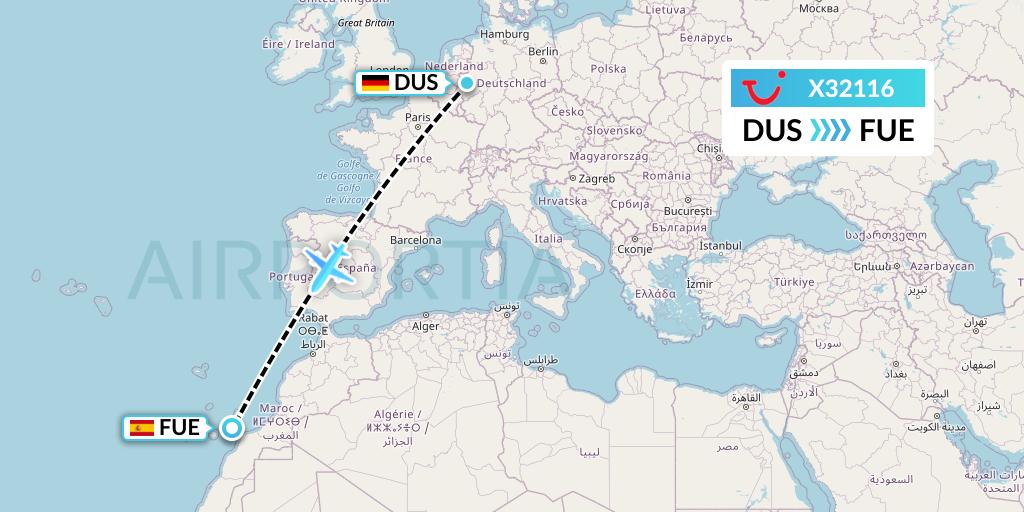 X32116 TUI fly Germany Flight Map: Dusseldorf to Fuerteventura