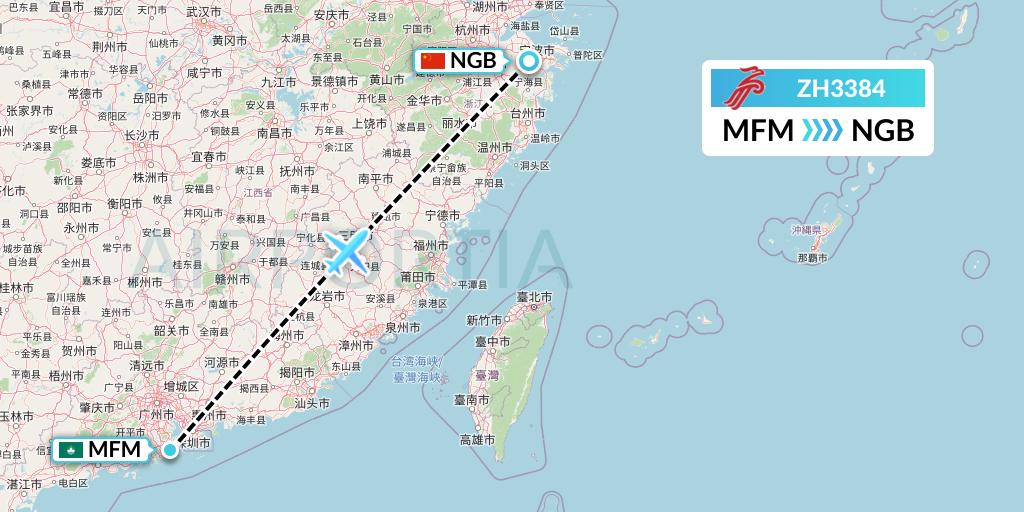 ZH3384 Shenzhen Airlines Flight Map: Macau to Ningbo