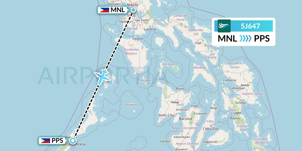 5J647 CEBU Pacific Air Flight Map: Manila to Puerto Princesa City