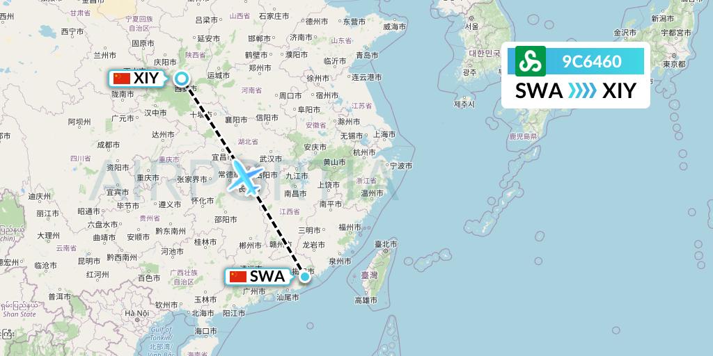 9C6460 Spring Airlines Flight Map: Jieyang to Xi'an