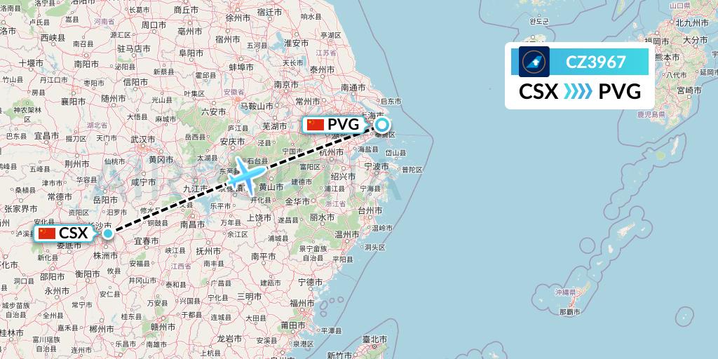 CZ3967 China Southern Airlines Flight Map: Changsha to Shanghai