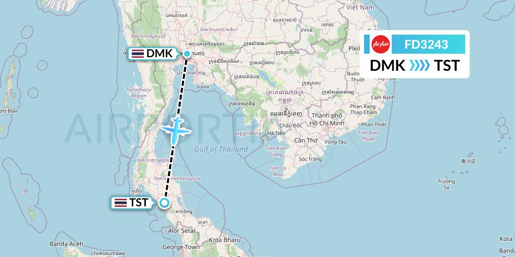 FD3243 Thai AirAsia Flight Map: Bangkok to Trang