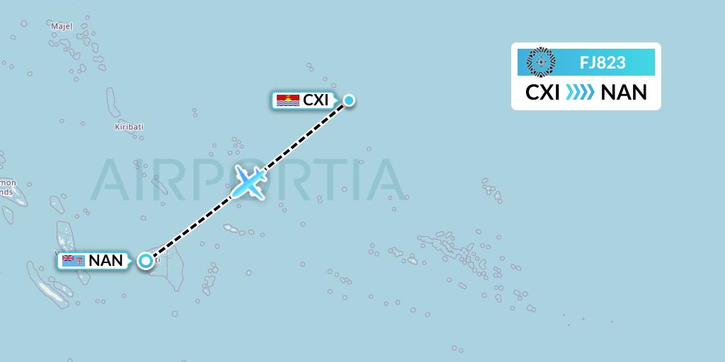 FJ823 Fiji Airways Flight Map: Kiritimati to Nadi