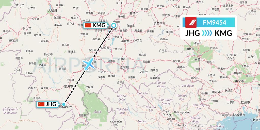 FM9454 Shanghai Airlines Flight Map: Jinghong to Kunming