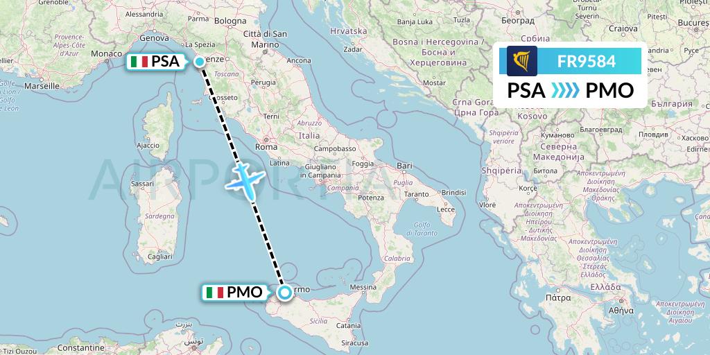 FR9584 Ryanair Flight Map: Pisa to Palermo