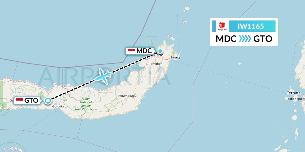 IW1165 Wings Air Flight Map: Manado to Gorontalo