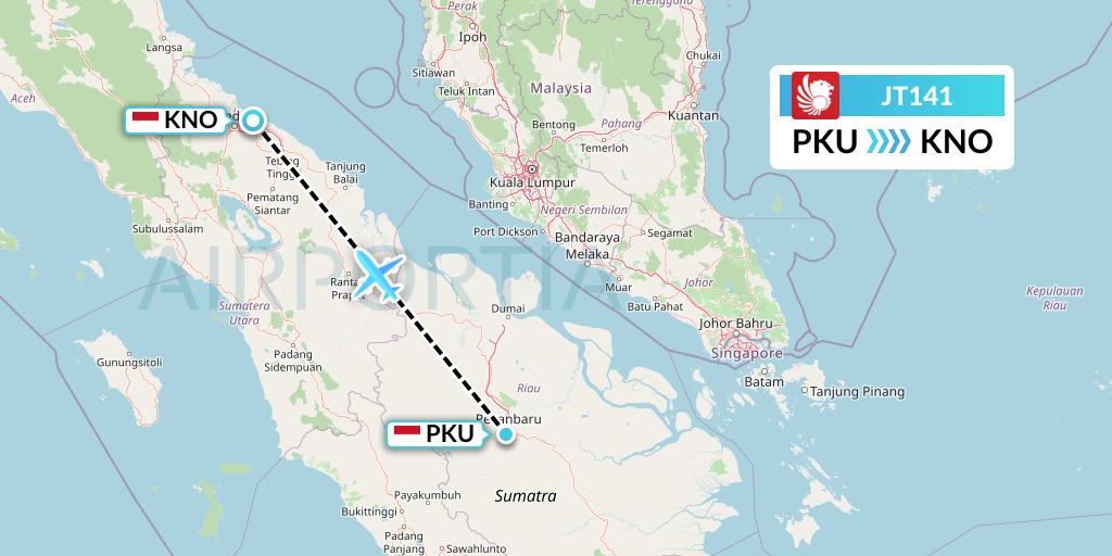 JT141 Lion Airlines Flight Map: Pekanbaru to Medan