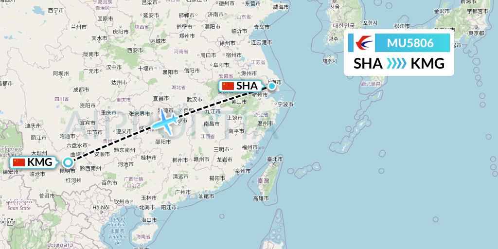MU5806 China Eastern Airlines Flight Map: Shanghai to Kunming