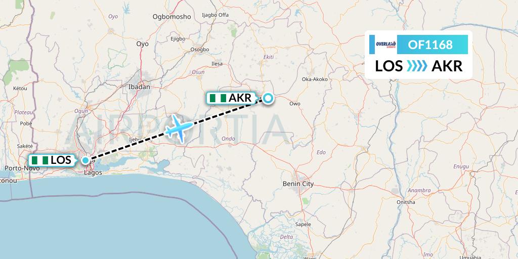 OF1168 Overland Airways Flight Map: Lagos to Akure