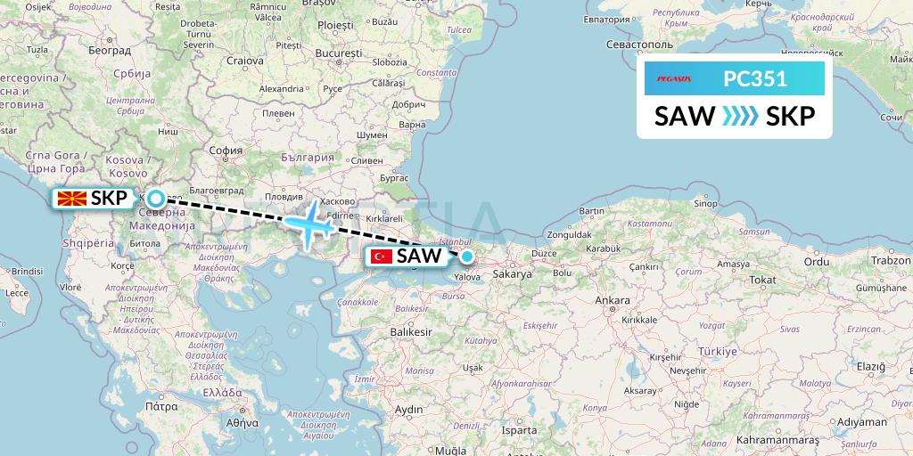 PC351 Pegasus Airlines Flight Map: Istanbul to Skopje