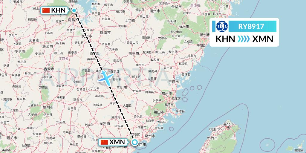 RY8917 Jiangxi Air Flight Map: Nanchang to Xiamen