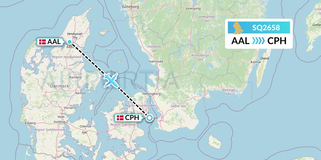 SQ2658 Singapore Airlines Flight Map: Aalborg to Copenhagen