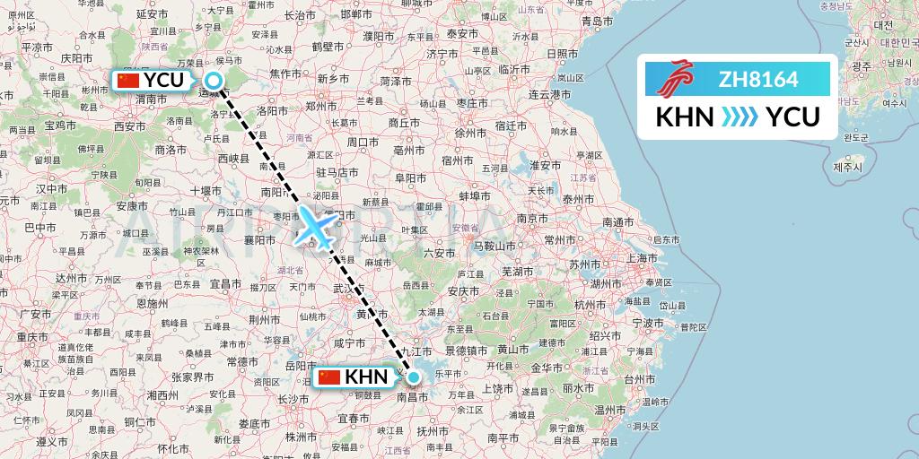 ZH8164 Shenzhen Airlines Flight Map: Nanchang to Yuncheng