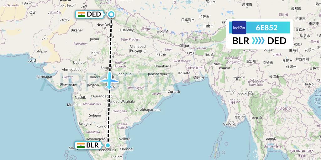 6E852 IndiGo Airlines Flight Map: Bangalore to Dehradun