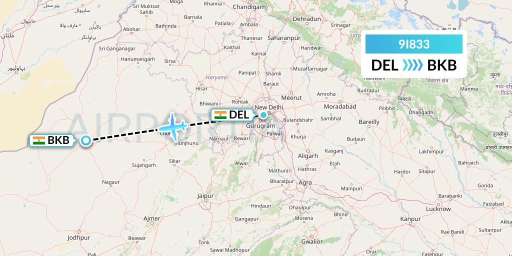 9I833 Air India Regional Flight Map: Delhi to Bikaner