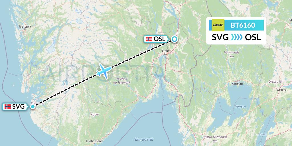 BT6160 Air Baltic Flight Map: Stavanger to Oslo