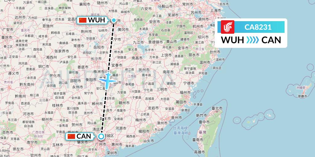 CA8231 Air China Flight Map: Wuhan to Guangzhou