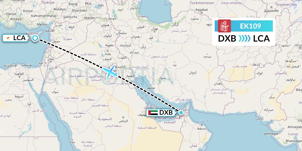 EK109 Emirates Flight Map: Dubai to Larnaca