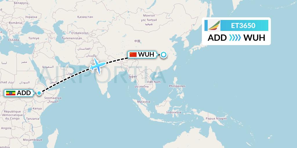 ET3650 Ethiopian Airlines Flight Map: Addis Ababa to Wuhan