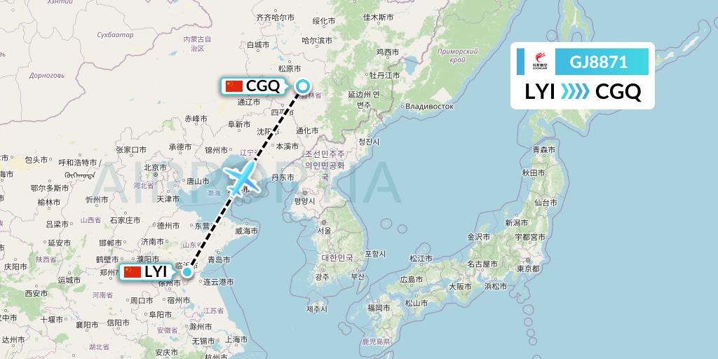 GJ8871 Loong Airlines Flight Map: Linyi to Changchun