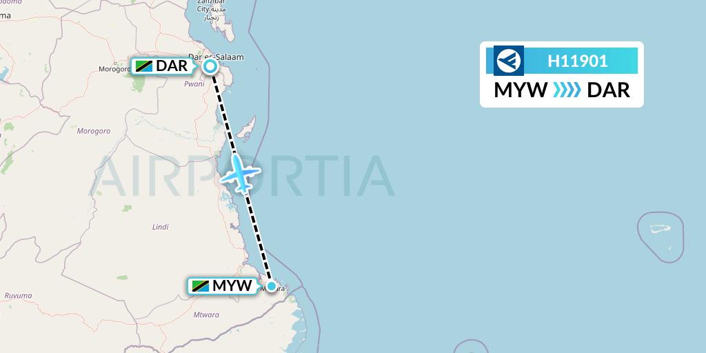 H11901 Hahn Air Systems Flight Map: Mtwara to Dar-es-Salaam