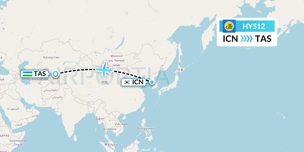 HY512 Uzbekistan Airways Flight Map: Seoul to Tashkent