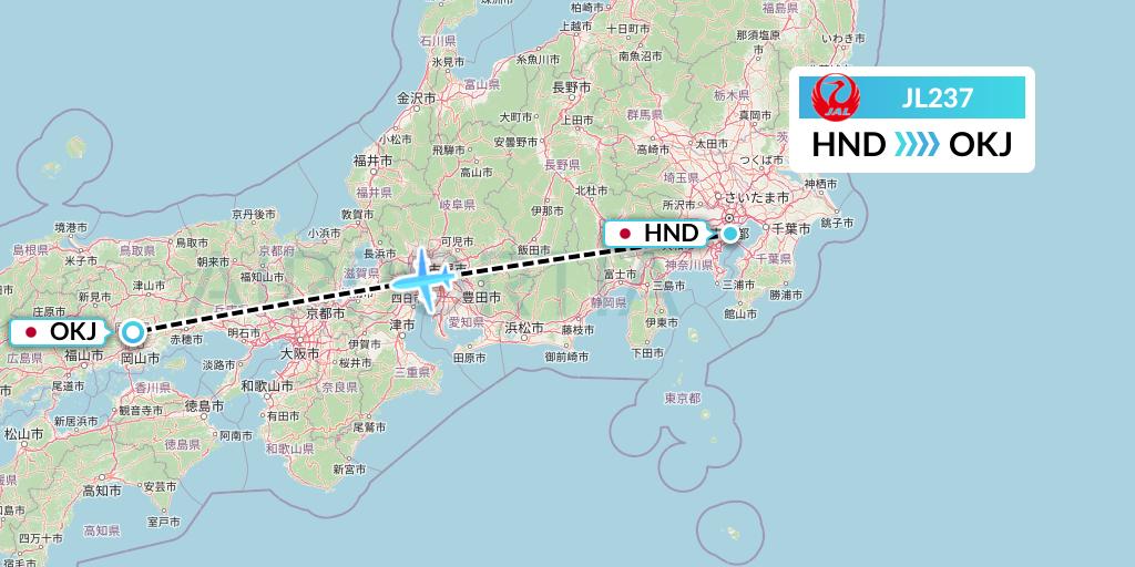 JL237 Japan Airlines Flight Map: Tokyo to Okayama