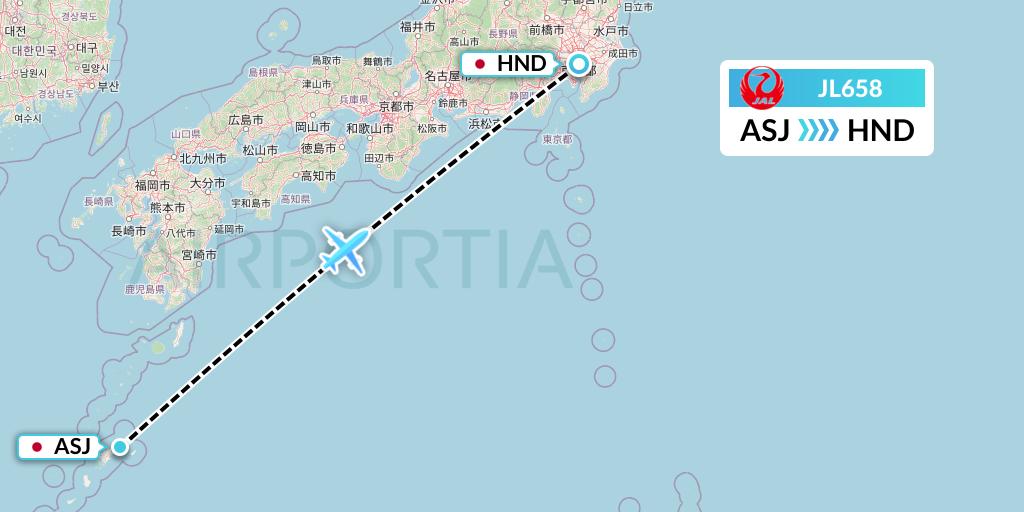 JL658 Japan Airlines Flight Map: Amami to Tokyo