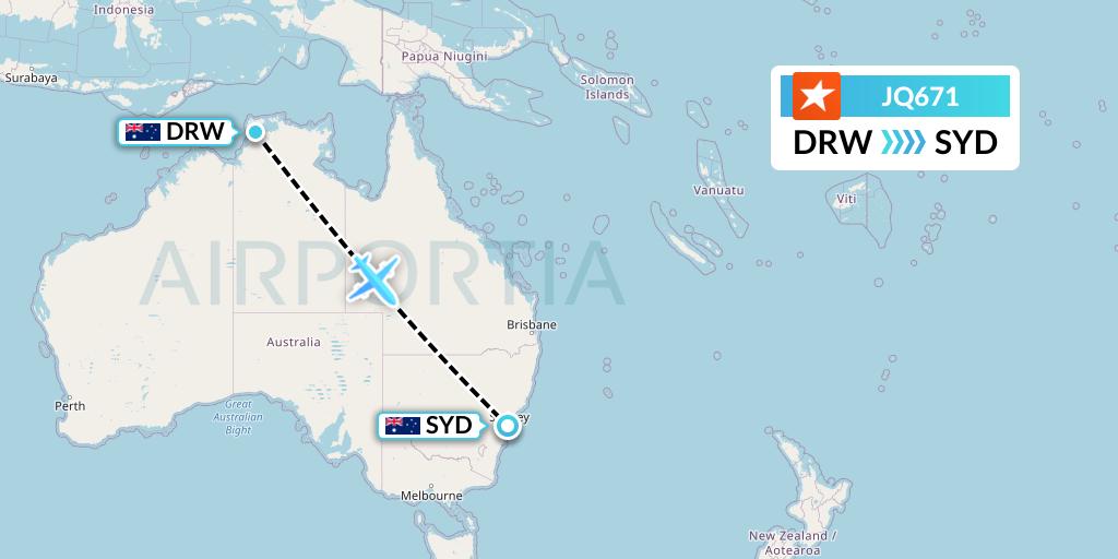 JQ671 Jetstar Airways Flight Map: Darwin to Sydney