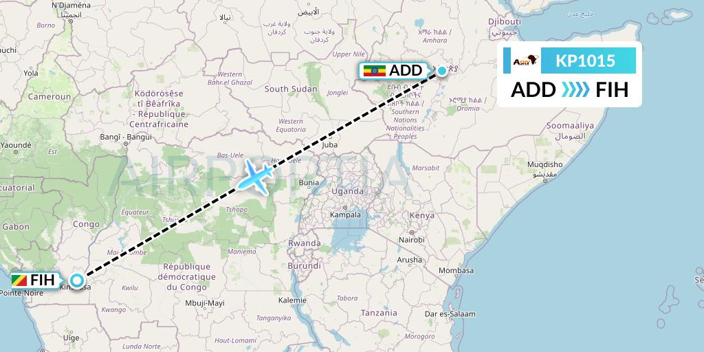 KP1015 ASKY Flight Map: Addis Ababa to Kinshasa